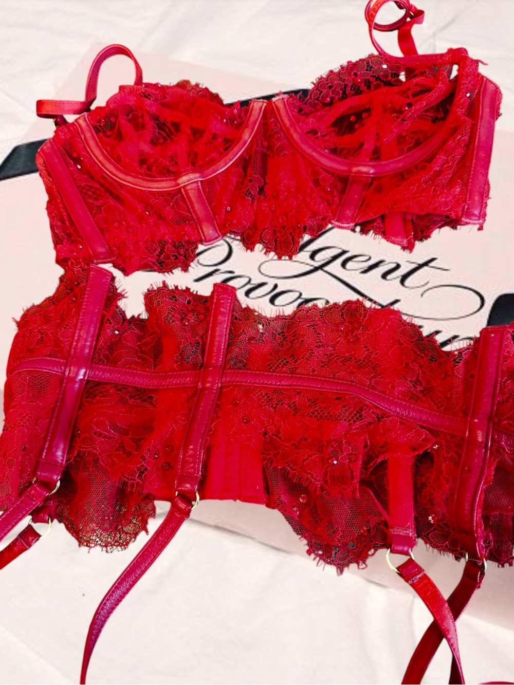 Agent Provocateur Red Lace Balconette Bra & Garter Set